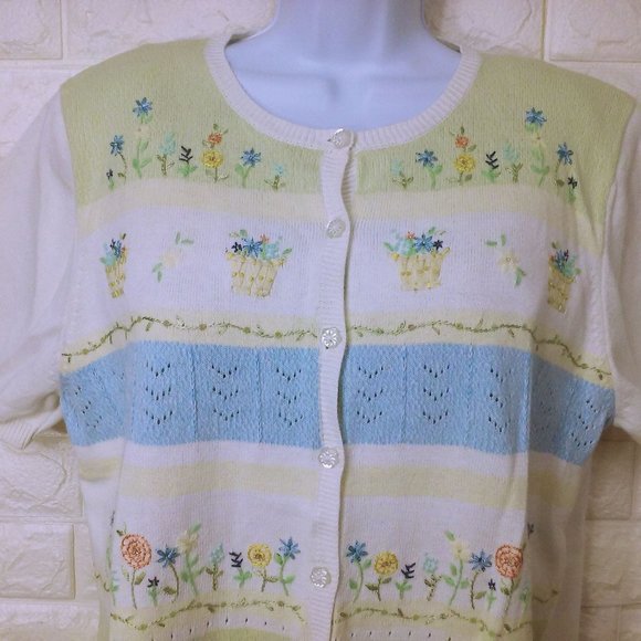 Y2K Alfred Dunner Knit Cardigan Top Novelty Sweater -XL Floral Grandma Cottage - Picture 2 of 11